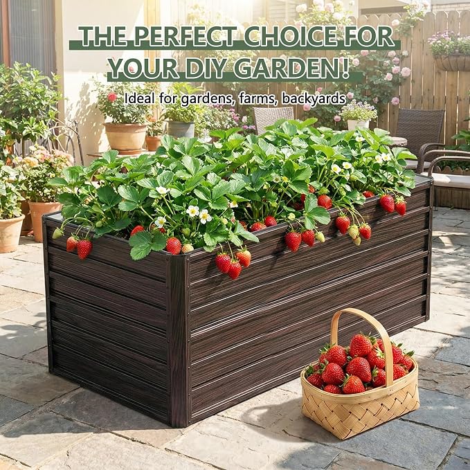 Galvanized Raised Garden Beds 6x3x2FT Outdoor Planter Boxes with Safety Edging and Gloves Metal Garden Bed Kit for Vegetables Flower and Fruits (Brown Wood Grain