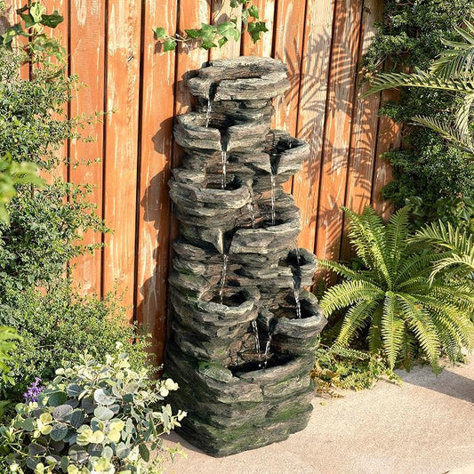 Glitzhome Outdoor Water Fountain, 9-Tiered Rock Floor Fountain with Cascading Water, 39.25" H Polyresin Waterfall Fountain with Pump and LED Light Outdoor Water Feature for Garden Yard Patio Porch