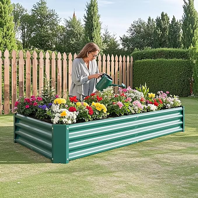 Metal Galvanized Raised Garden Bed Kit, 8 x 4 x 1 ft Galvanized Steel Raised Garden Planter Box Outdoor with Open Base for Growing Vegetables/Flowers/Herbs/Fruits/Succulents, Rectangle, Green