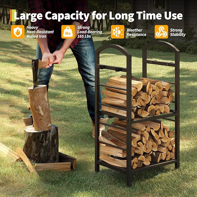 GarveeLife 30 Inch Firewood Rack Outdoor Indoor, High Outdoor Wood Racks for Firewood, Fire Wood Storage with Kindling Hooks, Large Metal Fireplace Log Rack Storage Carrier Organizer, Copper