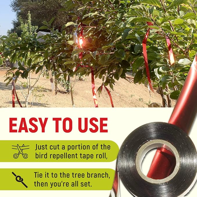 500 Ft Bird Scare Tape Red Silver Reflective Bird Repellent Flash Tape Reflective Tape to Scare Birds from Orchard, Garden, Crops, Chicken Coops, Vineyards, Trees, House, Boats & Siding