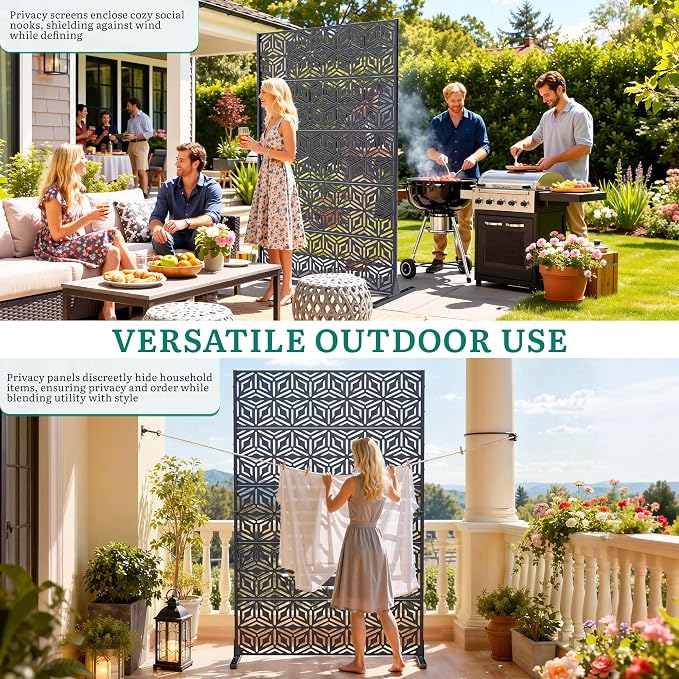 72" Steel Privacy Screen, Freestanding Laser Cut Divider for Patio | 72"x44" Laser Cut Snowflake Steel Panel. Weatherproof & Rustproof. creen Divider for Balcony, Patio, Deck & Garden