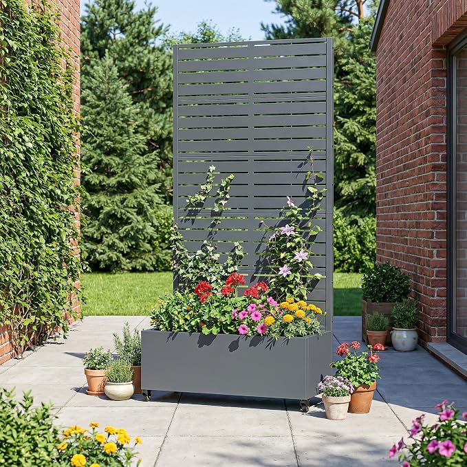 Casaphoria Metal Raised Garden Bed with Trellis and Wheels, 72"x35"x16" Planter Box for Climbing Plants, Vegetables & Vines, Features Drainage Holes and Privacy Screen, Drakgrey-Louvered