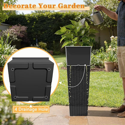 Greesum 32 Inch Tall Plastic Planters (Set of 2), Extra Large Outdoor Flower Pots with Detachable Inner Pot & Drainage Holes for Large Plants, Trees, Patio, and Garden, Black