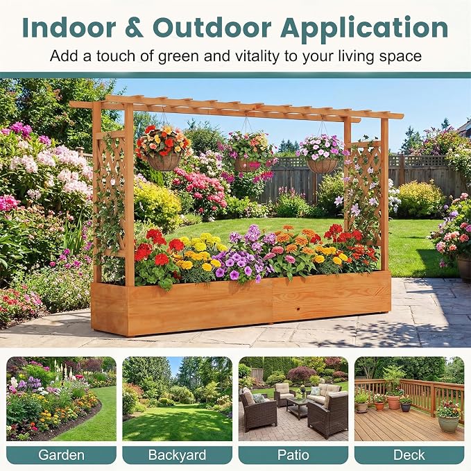 HAPPYGRILL Raised Garden Bed with Trellis, 2 Pack Freestanding Wood Planter Box w/Hanging Roof & 8 Drainage Holes for Vine Climbing Plants Flowers, Outdoor Planter with Trellis for Garden Patio Yard