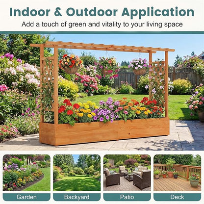 HAPPYGRILL Raised Garden Bed with Trellis, Freestanding Wood Planter Box w/Hanging Roof & 8 Drainage Holes for Vine, Climbing Plants, Flowers, Outdoor Planter with Trellis for Garden, Patio, Yard