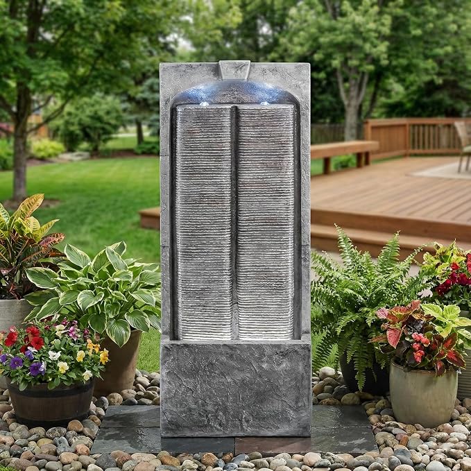 39" Outdoor Water Fountain with Quiet Pump, Outdoor Fountain with LED Lights, Weather-Resistant Outdoor Cascading Freestanding Fountain, Garden Water Feature, Slate-Style Wall, Grey