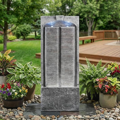 39" Outdoor Water Fountain with Quiet Pump, Outdoor Fountain with LED Lights, Weather-Resistant Outdoor Cascading Freestanding Fountain, Garden Water Feature, Slate-Style Wall, Grey
