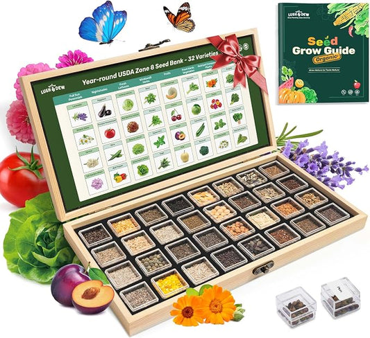 Zone 8 Heirloom Seed Bank, 32 Types Non-GMO Seeds for Planting Vegetables | 30,000+ Garden Seeds for Planting Herbs Fruits, Gardening Gifts for Women Men, Survival Seed Kit for Raised Beds Greenhouses