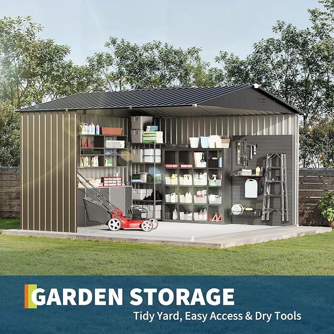 10 X 10 FT Outdoor Storage Shed,Metal Garden Sheds&Outdoor Storage, Lockable Gable Roof Garden Tool Shed, All-Weather Resistant Storage Unit for Bikes, Ladders, Patio Supplies & Garden Essentials