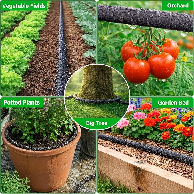 MIXC Drip Irrigation System with 100FT 1/4" Soaker Hose - 80% Water Savings, Weeping Tech for Deeper Root Watering, Garden Kit with 10FT 1/2" Tubing for Raised Beds, Vegetables, Lawn, Greenhouse