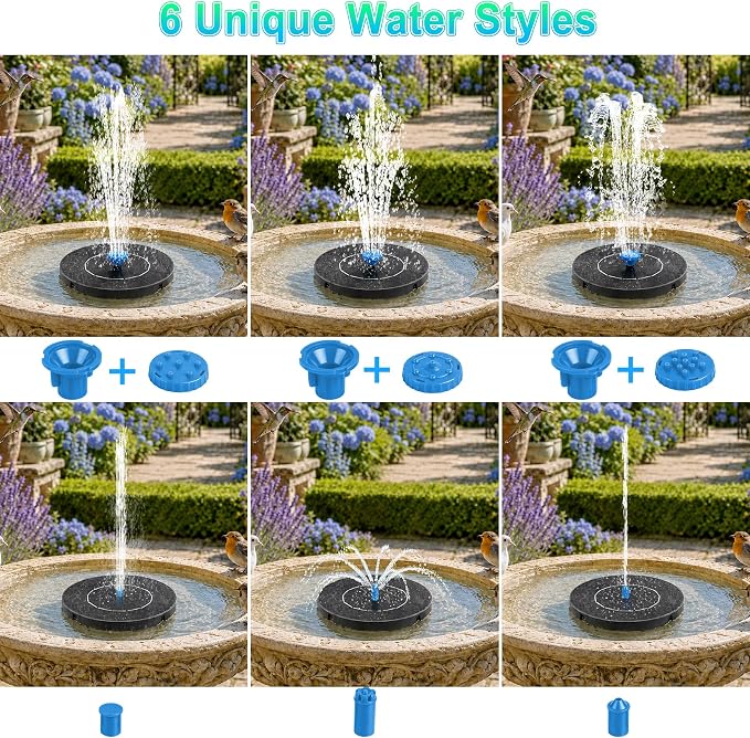 3.5W Solar Fountain Pump, Solar Bird Bath Fountain with 6 Green & 6 Black & 6 Blue Nozzles, Solar Water Pump for Outdoor Garden Patio Small Pond Fish Tank Landscape Decoration