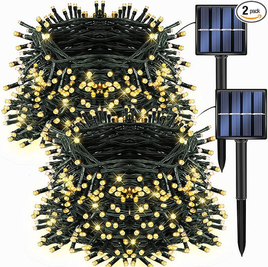 Dazzle Bright 2 Pack Total 400LED 132FT Warm White Christmas Solar String Outdoor Lights, Solar Powered with 8 Modes Waterproof Fairy Lights for Bedroom Patio Garden Tree Party Yard Decoration