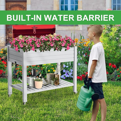 PatioZen Raised Garden Bed, 33.66" Tall Self-Watering Resin Planter Box with Legs & Lockable Wheels Drainage Plug and Gauge for Flowers, Vegetables, Storage Shelf for Tools and Accessories Ashen