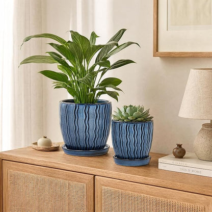 Ceramic Plant Pots, 4.5+5.5 Inch Small Plant Pots, Flower Pots Indoor Planters with Drainage and Tray, Modern Indoor Plant Pots for Home and Office, Indoor Planters with Drainage