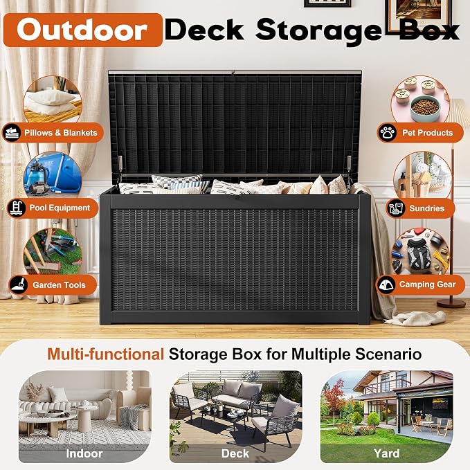 Outdoor Storage Box, Resin Deck Boxes Indoor and outdoor, Waterproof Storage Box Lockable Lid (Black,280 Gallon)