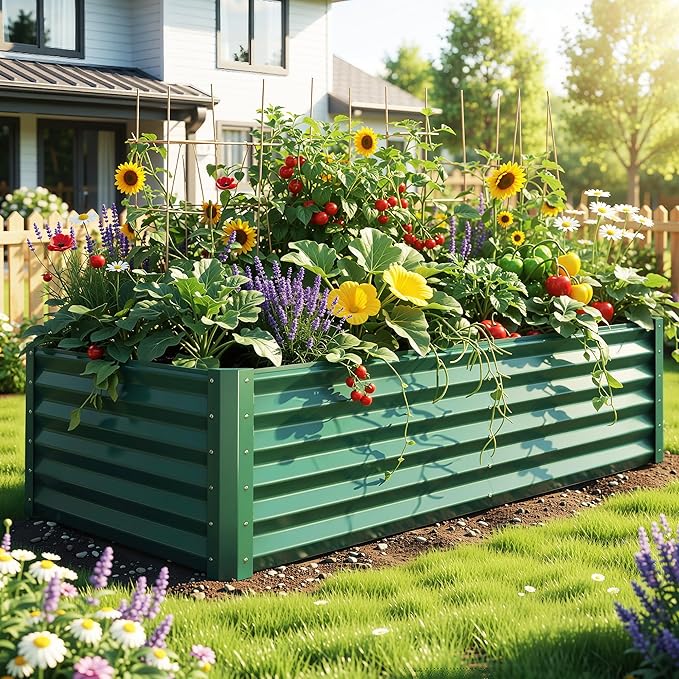 YITAHOME 6x3x1.5ft Galvanized Raised Garden Bed, Metal Planter Box with Safety Rubber, Gloves, Outdoor Flower Bed for Planting Plants Vegetables, Green