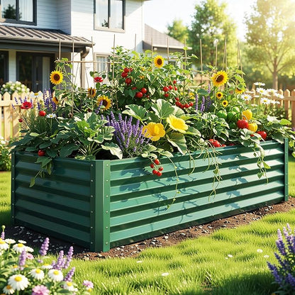 YITAHOME 6x3x1.5ft Galvanized Raised Garden Bed, Metal Planter Box with Safety Rubber, Gloves, Outdoor Flower Bed for Planting Plants Vegetables, Green