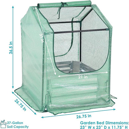 Sunnydaze Steel Raised Garden Bed with Mini Greenhouse - Outdoor Greenhouse Kit - 2 Zippered Doors - 2' x 2' - Green