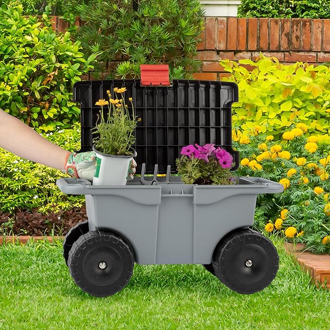 Pure Garden Rolling Garden Cart with Seat - Plastic Storage with Bench and Interior Tool Tray - Gardening Stool for Weeding and Planting (Gray)