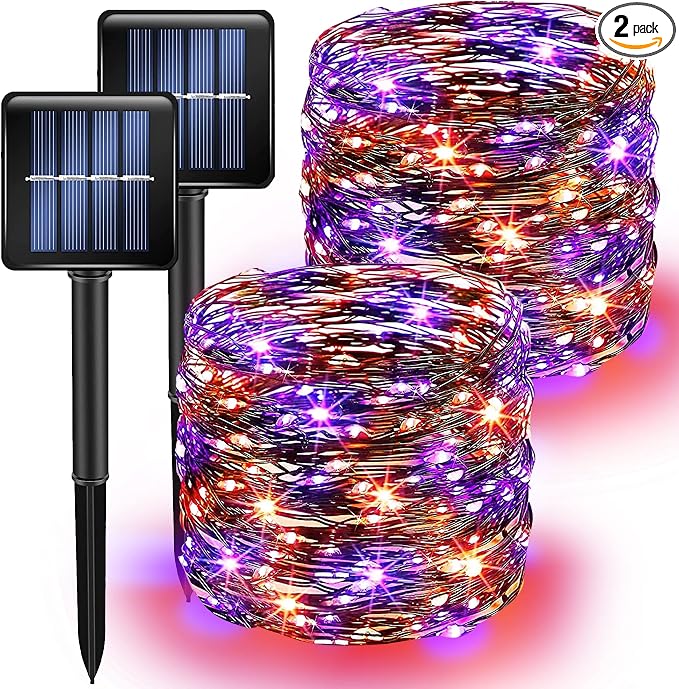 Purple and Orange Solar Halloween Lights Outdoor, Total 80 FT 240 LED Solar Powered Waterproof Fairy Lights 8 Modes Copper Black Wire Lights for Halloween Party Tree Wedding Yard Decorations, 2 Pack