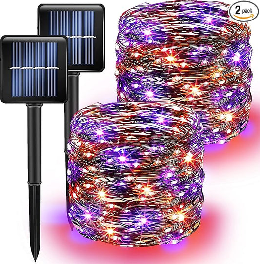 Purple and Orange Solar Halloween Lights Outdoor, Total 80 FT 240 LED Solar Powered Waterproof Fairy Lights 8 Modes Copper Black Wire Lights for Halloween Party Tree Wedding Yard Decorations, 2 Pack