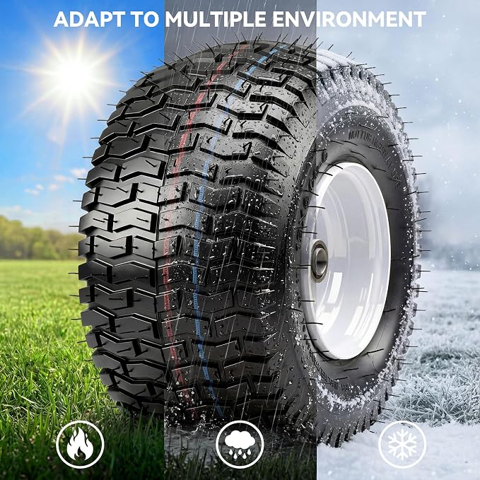 YITAMOTOR 15x6.00-6 Flat Free Lawn Mower Tires & Wheel Assemblies, 4 Ply Pneumatic Front Tires Replacement Fits John Deere, Lawn Tractors, More Riding Mowers | 3" Centered Hub, 3/4" Bearings (2 Pack)