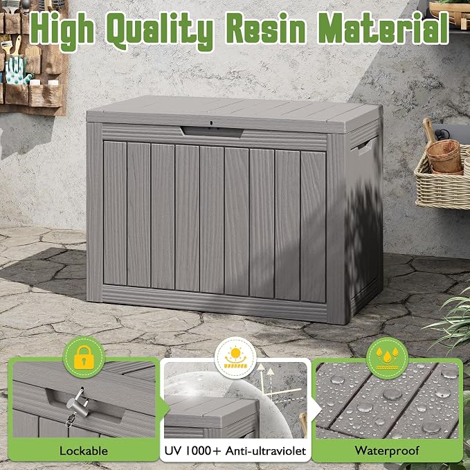Outdoor Storage Box, 50 Gallon Deck Box with Lockable Lid, Waterproof Resin Storage Bin for Cushions, Garden Tools, Patio Furniture, Grey