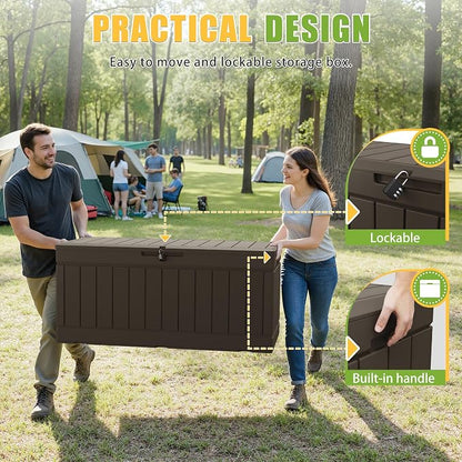 Greesum Outdoor Storage Box 82 Gallon Storage Bin with Lid for Patio Furniture, Garden Tools, Pool Supplies, Waterproof and UV Resistant, Lockable, Dark Brown