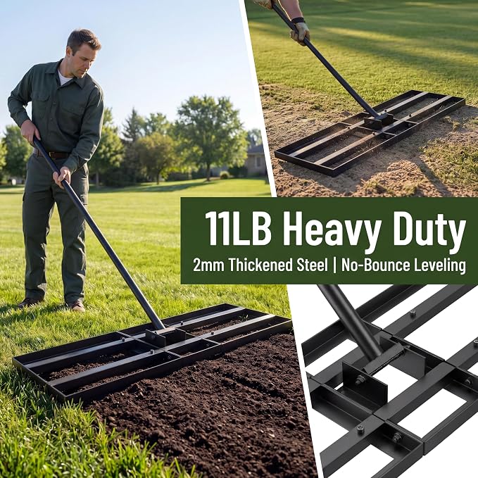 Lawn Leveling Rake - 35 x 10 Large Rake for Soil, Heavy Duty Yard Leveling Rake, 6.5FT Long Handle, 2mm Thickened Stainless Steel Lawn Leveler, Wide Ground Leveling Tool for Dirt and Sand, with Gloves