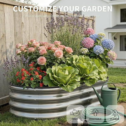 Metal Raised Garden Bed Kit, 4×2×1ft Outdoor Planter Boxes with Easy Assembly, Oval Large Galvanized Gardening Raised Bed for Vegetables, Fruits, Flower Silver