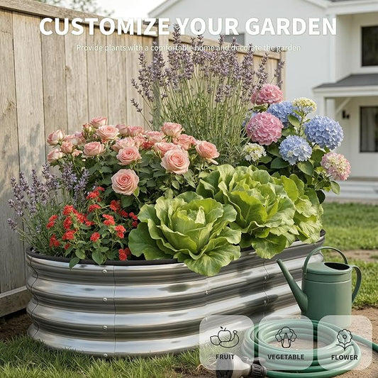 Metal Raised Garden Bed Kit, 4×2×1ft Outdoor Planter Boxes with Easy Assembly, Oval Large Galvanized Gardening Raised Bed for Vegetables, Fruits, Flower Silver