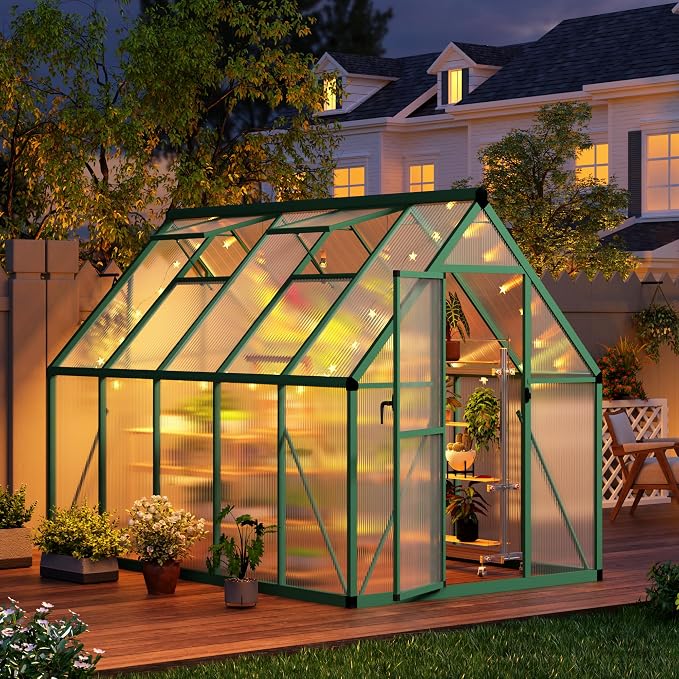 CABIHOME 8x12 FT Outdoor Greenhouse, Polycarbonate Greenhouse with Roof Vent and Ground Nails, Aluminum Large Walk-in Green House w/ Lockable Push Door for Outdoor Garden (Green, 6x9 FT)