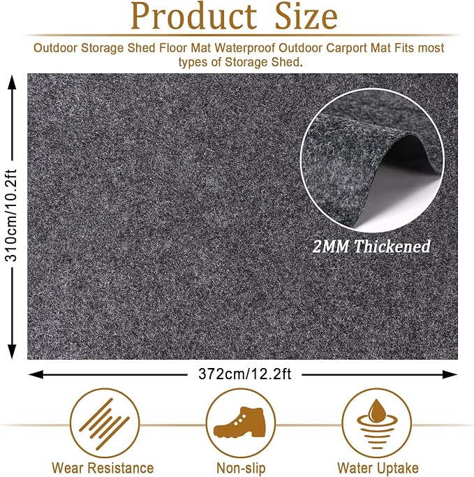 12.2 x 10.2 Ft Storage Shed Floor Mat—Waterproof PE Backing, 500g/㎡ Thick, Washable, Dustproof, and Anti-Slip Pad for Patio, Motorcycle, and Carport to Protect Flooring from Wear