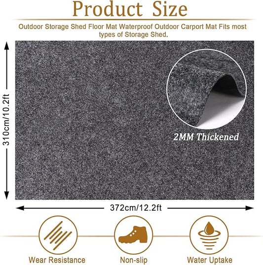 12.2 x 10.2 Ft Storage Shed Floor Mat—Waterproof PE Backing, 500g/㎡ Thick, Washable, Dustproof, and Anti-Slip Pad for Patio, Motorcycle, and Carport to Protect Flooring from Wear