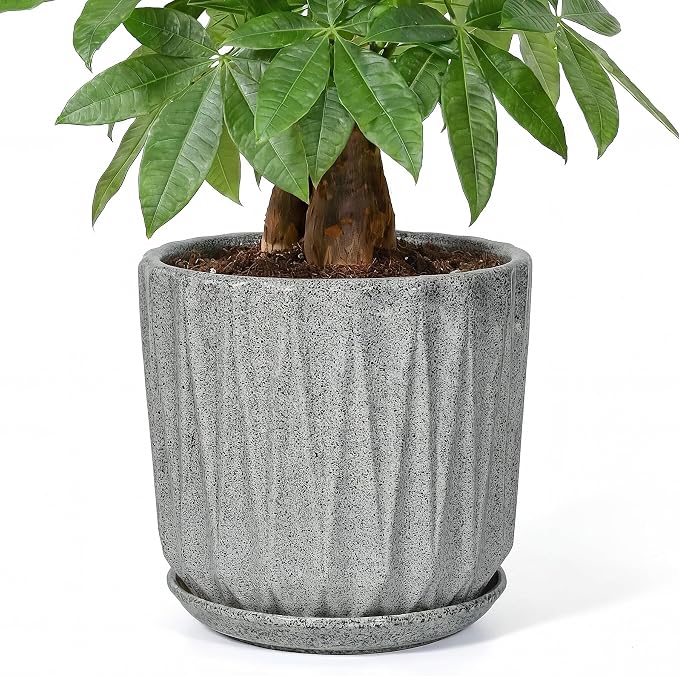 10 Inch Ceramic Planter Pot with Saucer Drainage Leak-Proof Mesh,Flower Pots for Indoor Plants with Gardening Gloves,Ceramic Planter(Stone Grey)