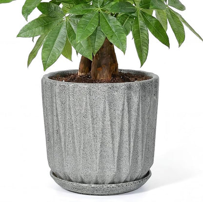 10 Inch Ceramic Planter Pot with Saucer Drainage Leak-Proof Mesh,Flower Pots for Indoor Plants with Gardening Gloves,Ceramic Planter(Stone Grey)