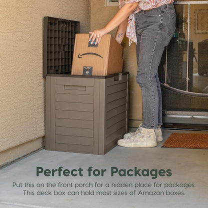 IRIS USA 35-Gallon Outdoor Deck Storage Box, Lockable & UV-Protected, Weather-Resistant Patio Storage for Cushions, Garden Tools & Packages, Waterproof Resin, Durable & Stylish Design - Brown