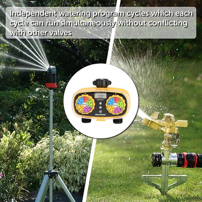 AQUASTAR Two-Zone Hose Watering Timer (Yellow), Automatic Irrigation for Lawn, Garden, Yard, Two Outlets