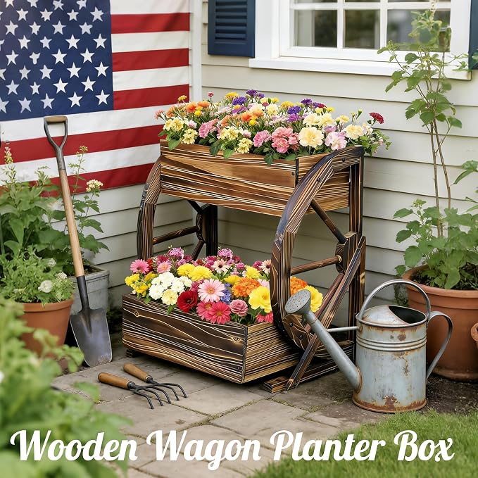 NestNature Wooden Wagon Planter Box|Rustic Planter Use On Indoor&Outdoor | 2-Tier Medium Solid Wood Planter-Flower Pot Use On Patio,Porch,Garden-Raised Garden Bed For Succulents, Herbs, Vegetables