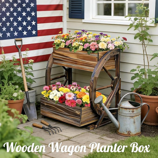 NestNature Wooden Wagon Planter Box|Rustic Planter Use On Indoor&Outdoor | 2-Tier Medium Solid Wood Planter-Flower Pot Use On Patio,Porch,Garden-Raised Garden Bed For Succulents, Herbs, Vegetables