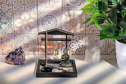 Jovivi Zen Garden Set Buddha Statue, Mallet & Rocks and Crystals & Incense Stick Holder Bowl & Wooden Display Tray for Yoga Meditaion Home Table Decor Gift