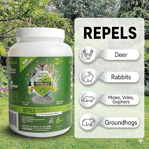 Repels All Animal Repellent Granules 3 lbs – Ready-to-Use Granular Formula – Deer & Rabbit Repellent for Lawn, Yard & Garden – Long Lasting Pest Deterrent