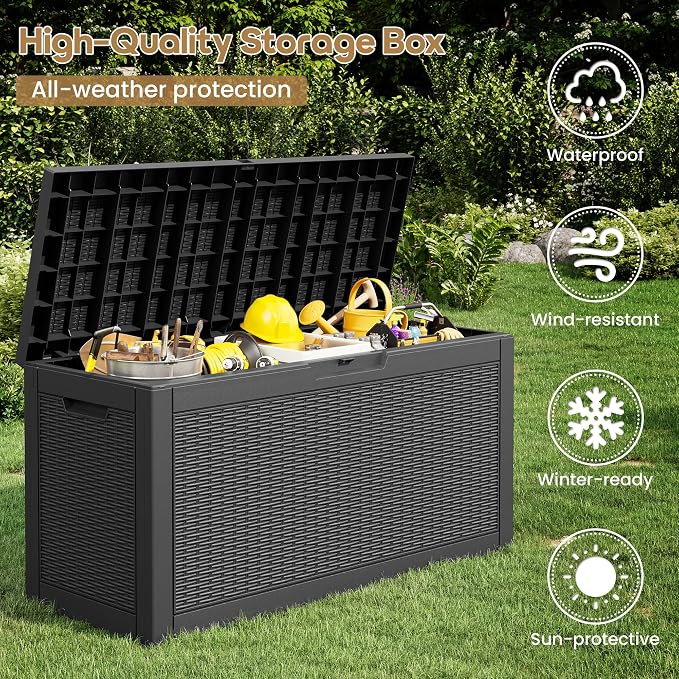 Outdoor Storage Box, 72 Gallon Resin Deck Boxes Outdoor Waterproof For Patio Furniture, Garden Tools, Pool Supplies, Lockable And UV Resistant (Rattan Black)
