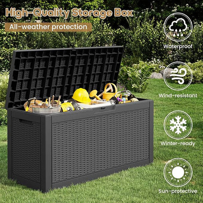 Outdoor Storage Box, 72 Gallon Resin Deck Boxes Outdoor Waterproof For Patio Furniture, Garden Tools, Pool Supplies, Lockable And UV Resistant (Rattan Black)