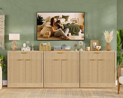 TEENFON 63" Fluted Buffet Sideboard Cabinet with Storage, Buffet Table Coffee Bar Wine Bar Storage Cabinet with Adjustable Shelf for Living Room, Kitchen, Natural