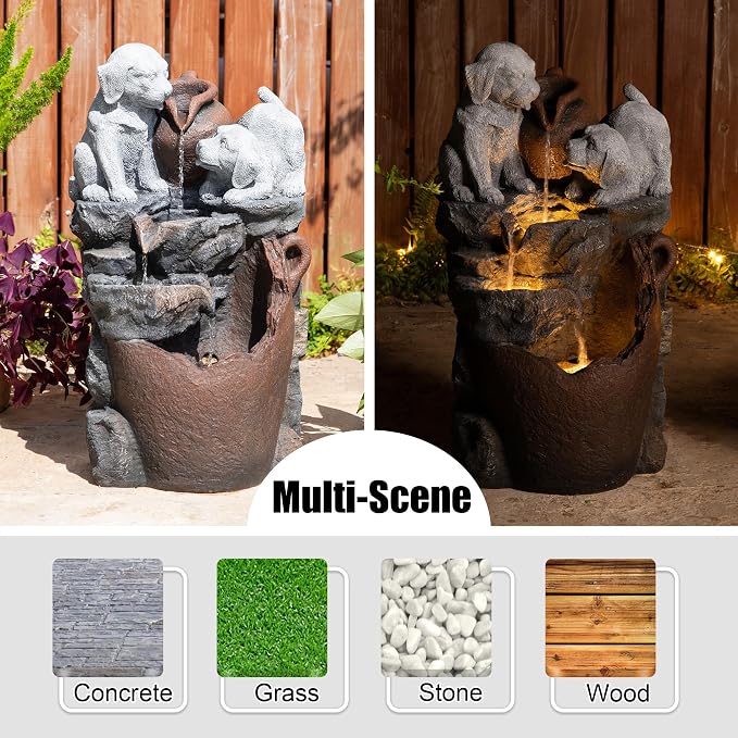 Glitzhome Water Fountain Outdoor, Outdoor Fountain with Lights & Pump, 23.5" H 4-Tiered Dogs and Pot Polyresin Cascading Waterfall Floor Standing Water Feature for Garden, Patio, Yard, Deck