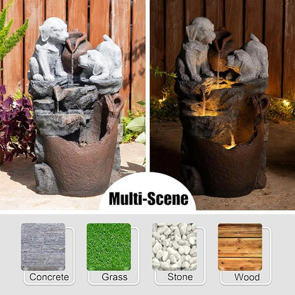 Glitzhome Water Fountain Outdoor, Outdoor Fountain with Lights & Pump, 23.5" H 4-Tiered Dogs and Pot Polyresin Cascading Waterfall Floor Standing Water Feature for Garden, Patio, Yard, Deck