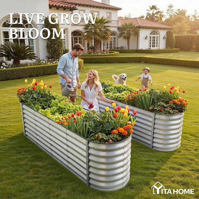 YITAHOME 2pcs 8x2x2ft Galvanized Oval Raised Garden Bed, Metal Planter Box with Safety Rubber, Gloves, Outdoor Flower Bed for Planting Plants Vegetables, Silver