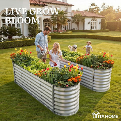 YITAHOME 2pcs 8x2x2ft Galvanized Oval Raised Garden Bed, Metal Planter Box with Safety Rubber, Gloves, Outdoor Flower Bed for Planting Plants Vegetables, Silver